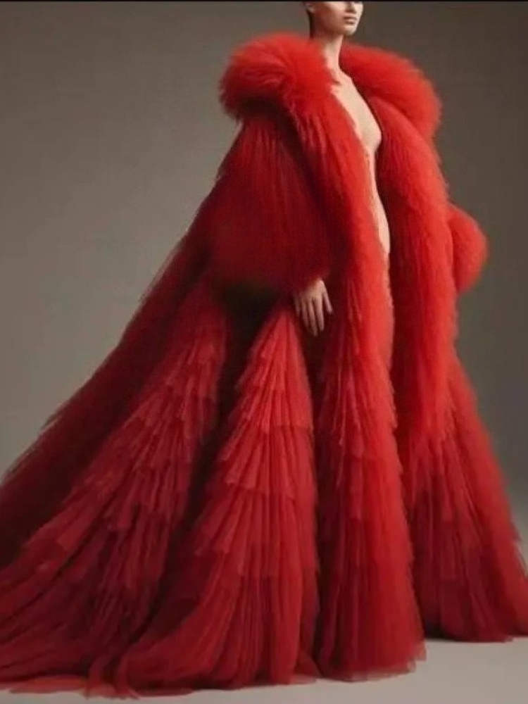 Women'S Red Formal Wear - Kırmızı Kabarık Pileli Fırfırlı Uzun Kollu