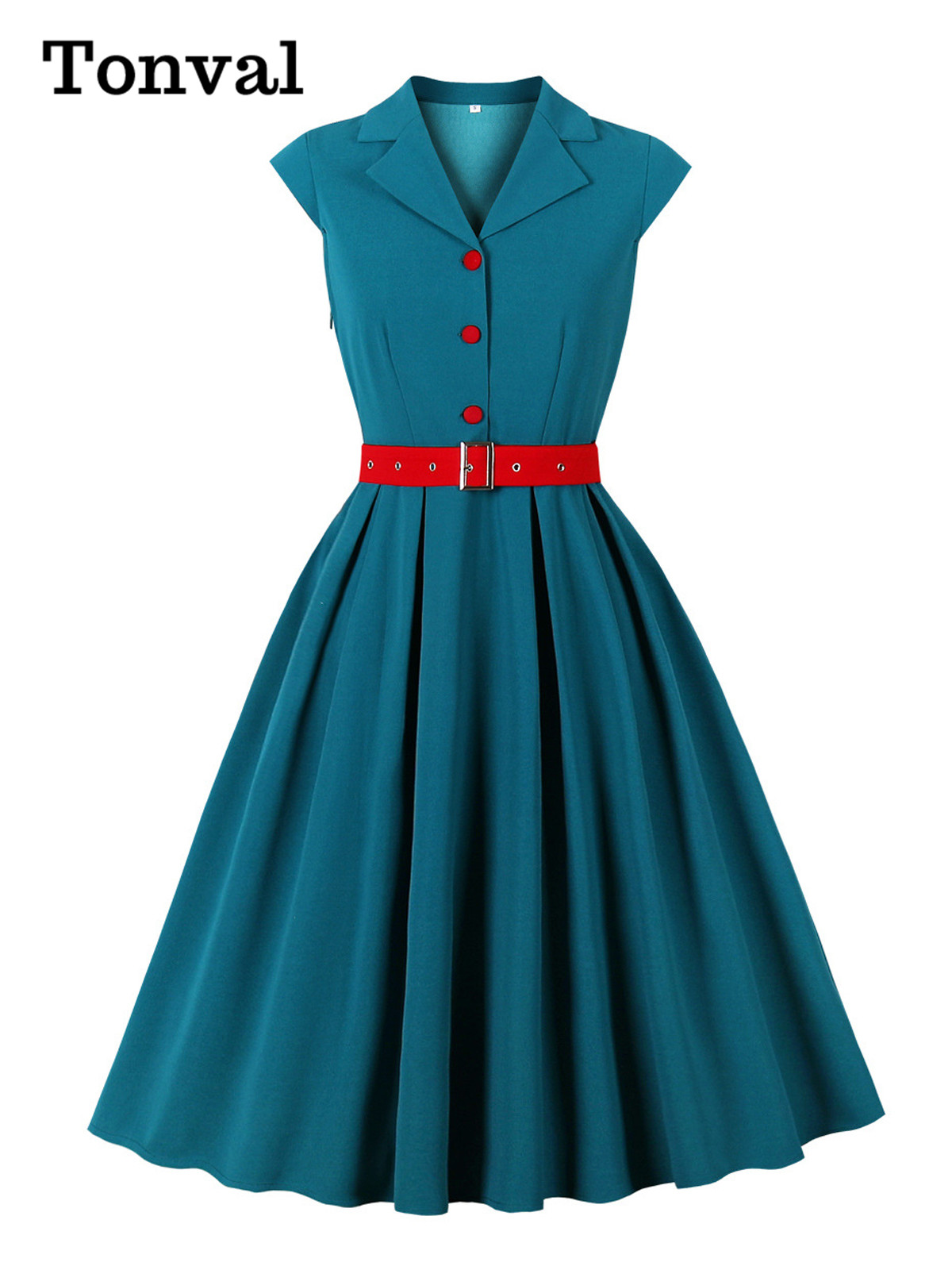 Women'S Red Formal Wear - Tonval Çentikli Yaka Cap Sleeve A-Line