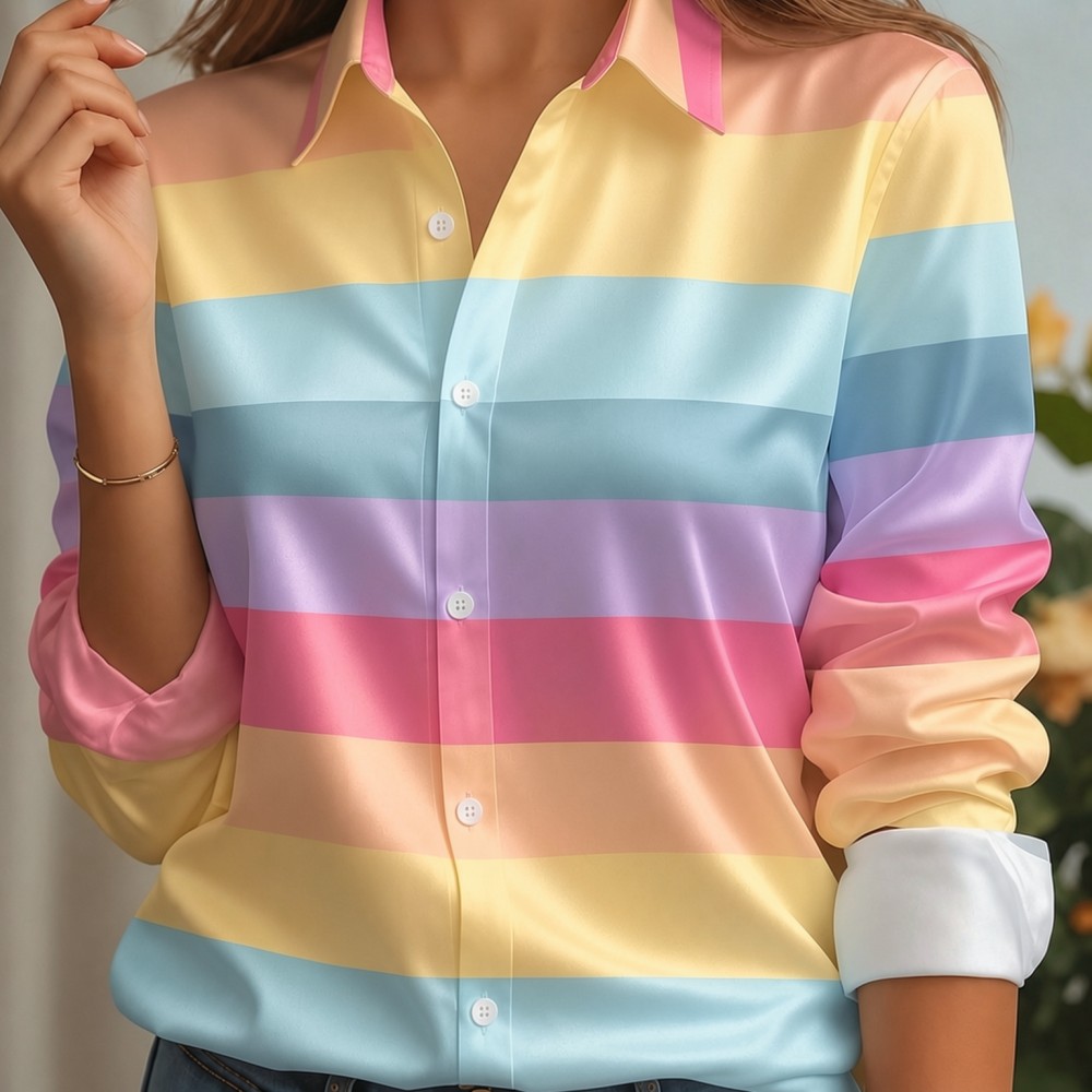 Women'S Work Fashion - Kadın Saten Yaka Gömlek Pastel Çizgili