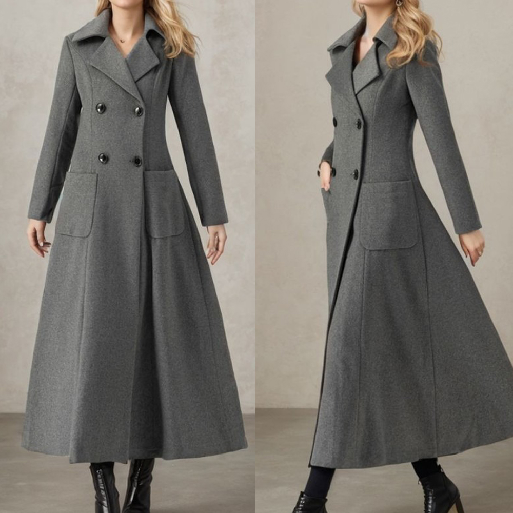 Tailored Coat Wool - Kadın Gri Uzun Ceket Yün Kruvaze