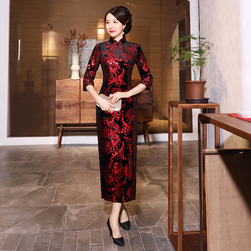 Women'S Red Formal Wear - Qipao Kadın Sonbahar Kış Lüks Uzun
