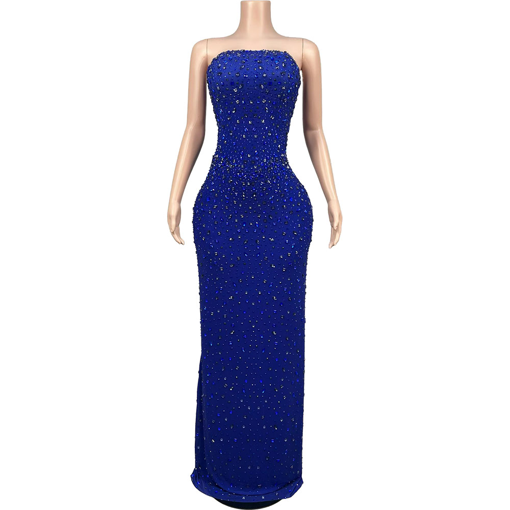 Women'S Red Formal Wear - Işıltılı Yapay Elmas Mavi Straplez Gece